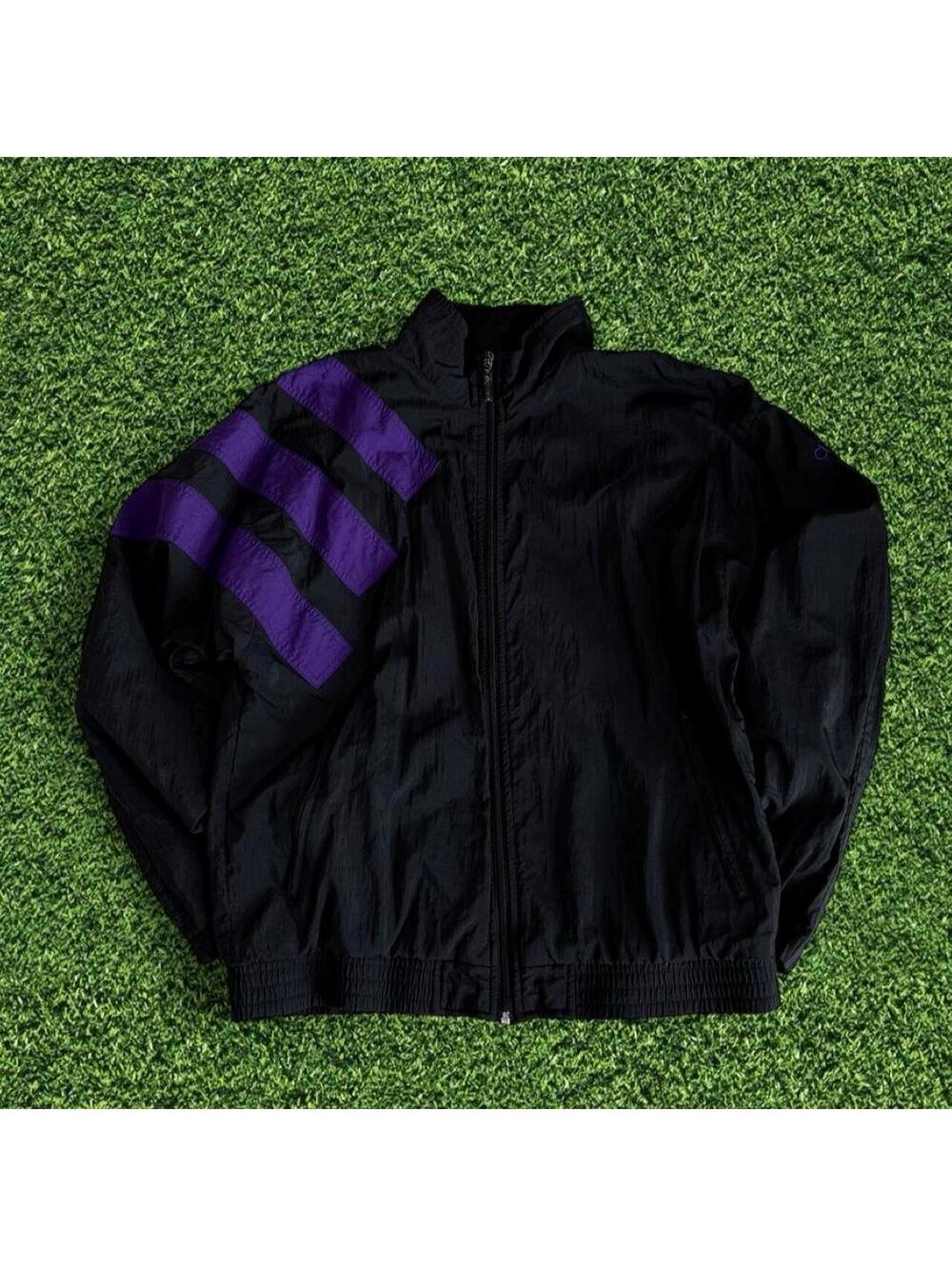 Vintage Y2K Adidas Black Windbreaker Purple Diagonal Sleeve Stripes M